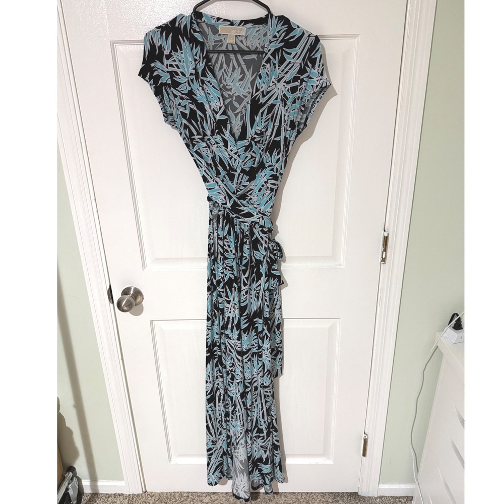 Michael Michael Kors Bamboo Leaf Print Wrap Maxi Dress‎ Black Turquoise Size 2